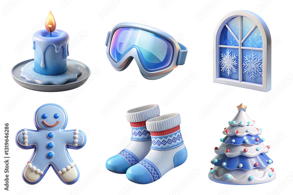 Fototapeta premium Cozy winter elements including candle, goggles, and snowman. Perfect for holiday themes 3d