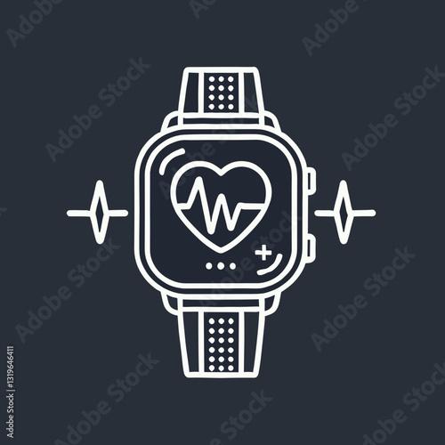 Line art of a smartwatch displaying a heartbeat graphic on a dark background