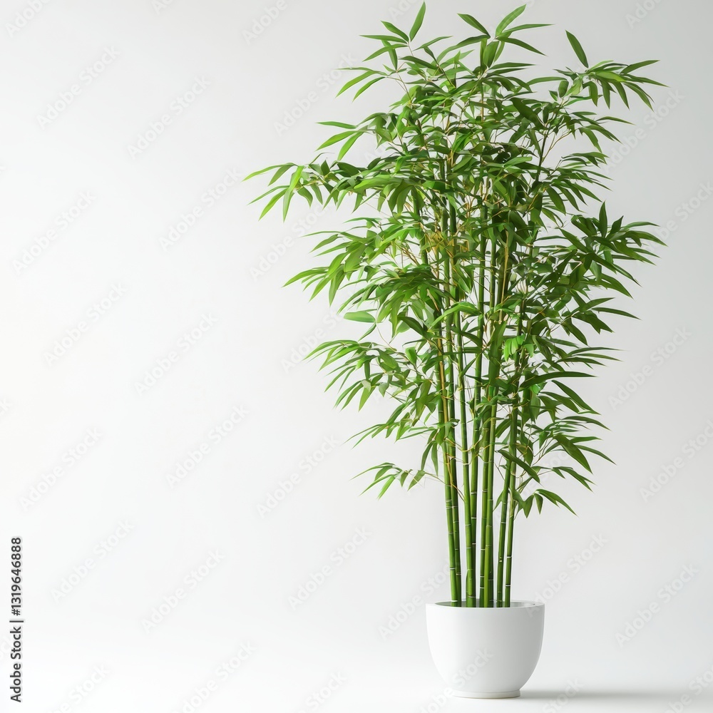 Fototapeta premium Lush Green Bamboo Plant in Minimalist White Pot with Bright Natural Lighting Decor