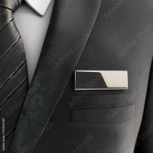 Realistic 3D office name badge pinned to suit