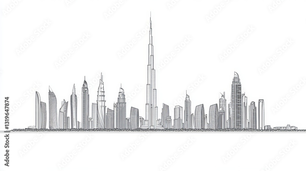 Obraz premium Dubai city skyline featuring towers and landmarks in a liner illustration style vector with famous buildings in a cityscape line art vector