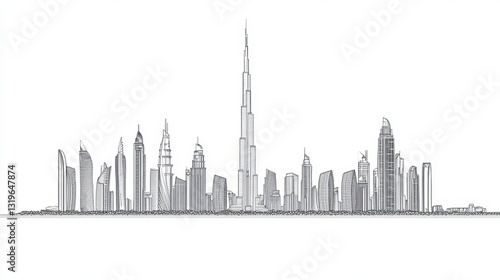 Wallpaper Mural Dubai city skyline featuring towers and landmarks in a liner illustration style vector with famous buildings in a cityscape line art vector Torontodigital.ca
