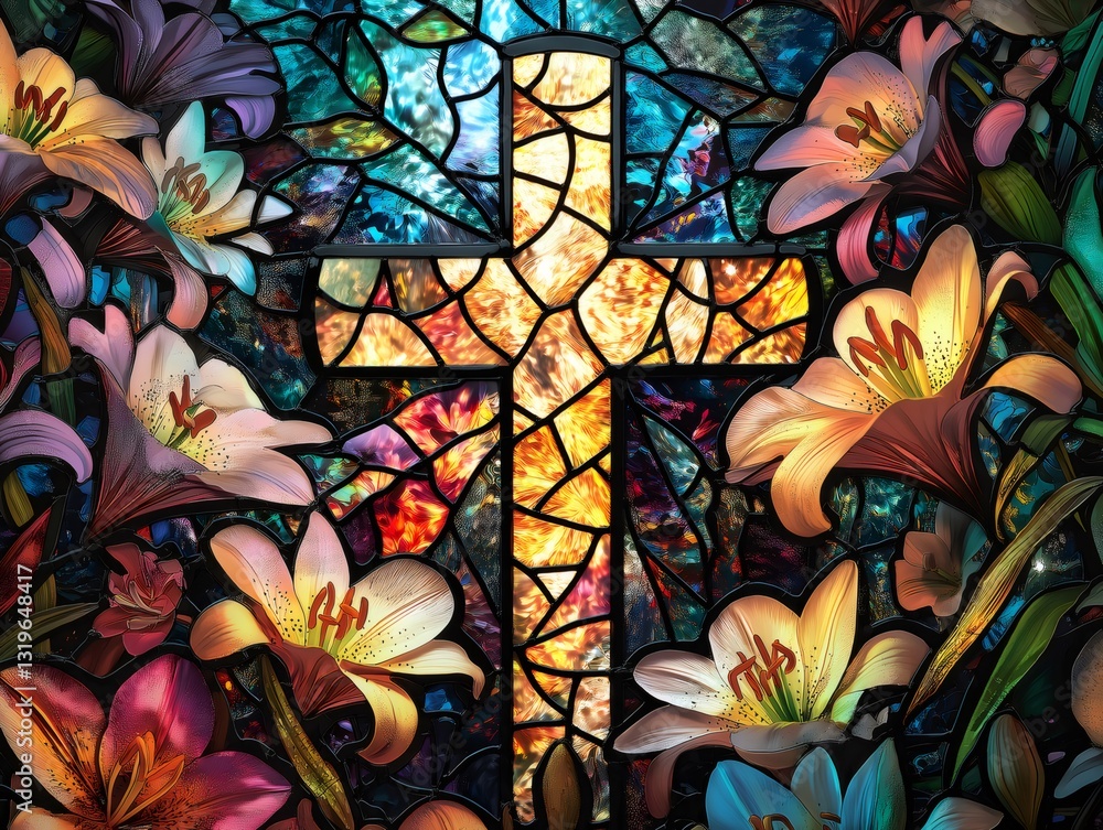 Easter lilies surrounding glowing cross in stained glass window. Generative ai illustrations Easter lilies surrounding glowing cross in stained glass window. Generative ai illustrations