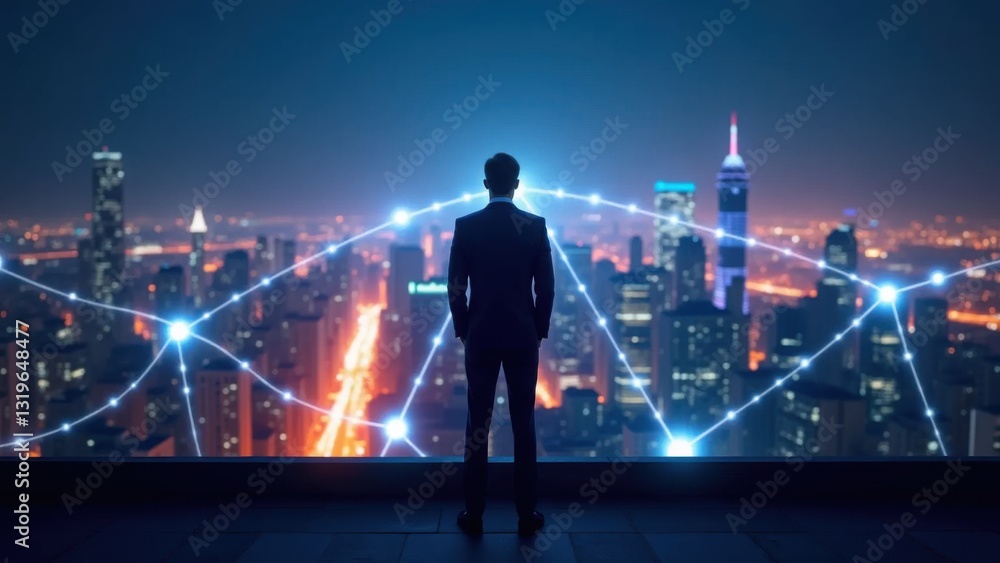 Fototapeta premium Businessman overlooking networked cityscape amidst a dramatic night skyline