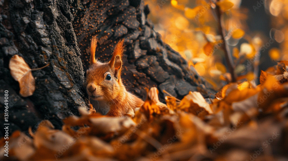 Obraz premium A curious red squirrel peeking playfully from behind a textured tree trunk.