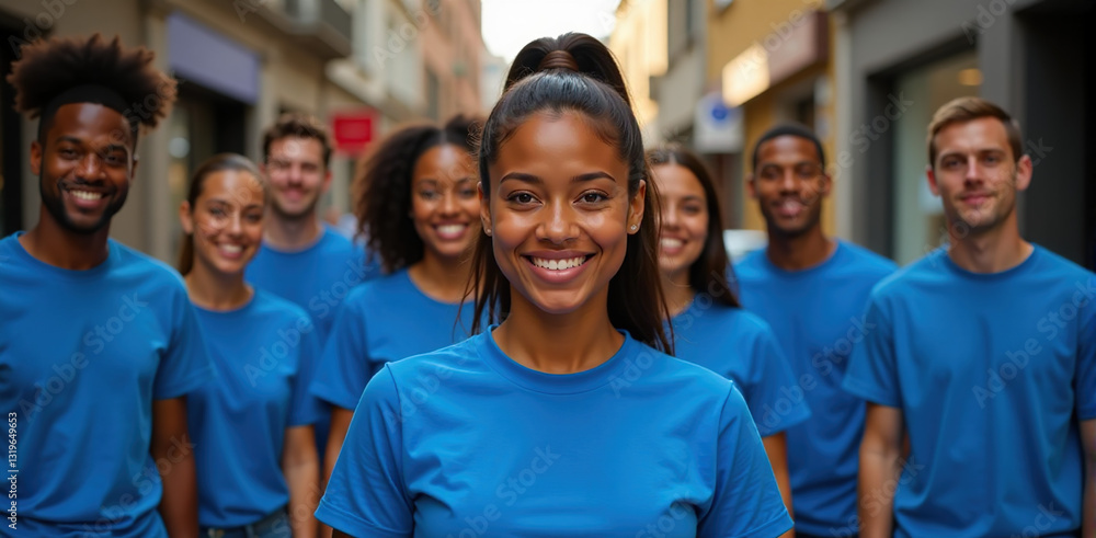 Fototapeta premium Diverse group of smiling young adults in blue t-shirts walking down a city street. Perfect for volunteer work, teamwork, community, and diversity concepts.