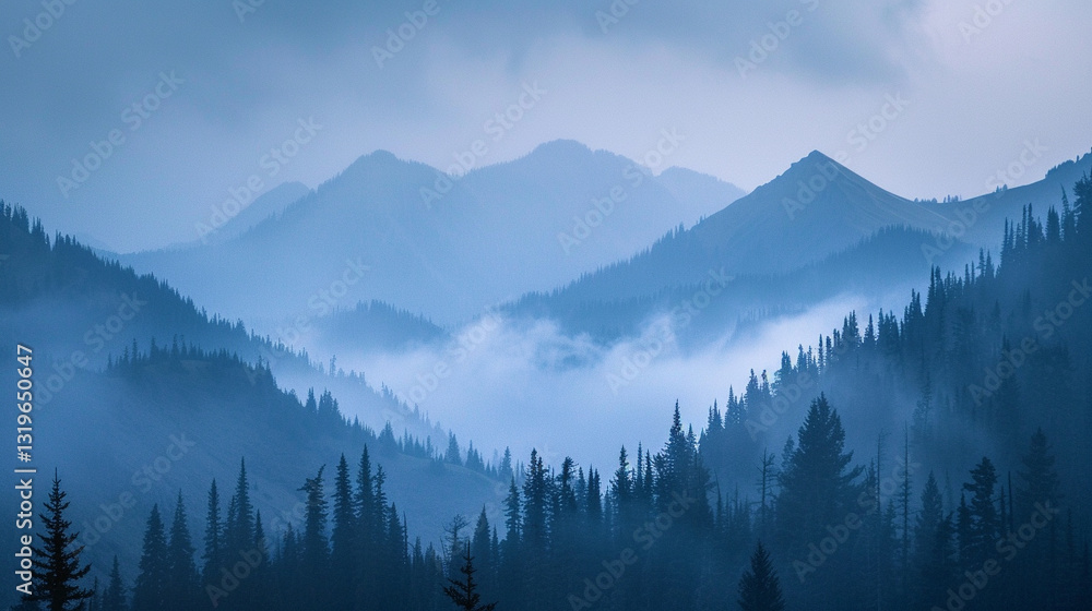 Obraz premium A misty mountain ridge at twilight with deep blue hues.