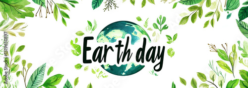 Banner with the image of the globe with elements of greenery and nature with the text Earth Day on a white background. Illustration for World Earth Day. Generative AI