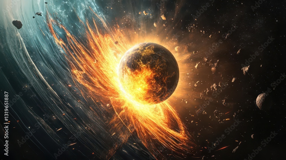 Obraz premium Explosive Cosmic Catastrophe with Bright Fire and Asteroids Surrounding