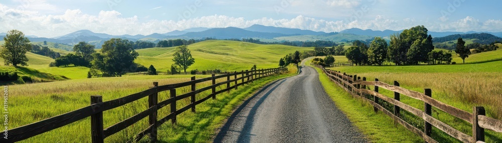 Scenic Road Through Lush Green Fields and Rolling Hills Landscape Scenic Road Through Lush Green Fields and Rolling Hills Landscape