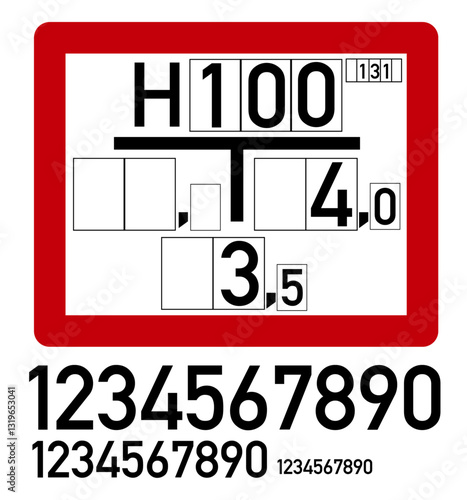 Deutsches Hydrantenschild nach DIN 4066 mit Zahlensätzen in unterschiedlichen Größen