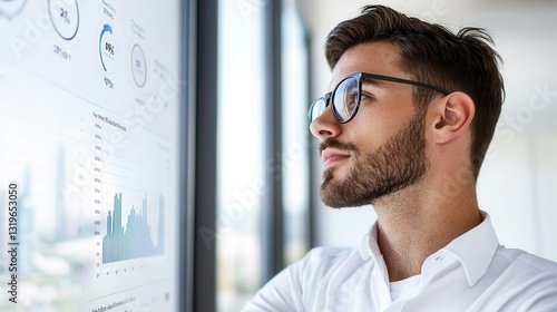 Business analytics predictive analytics market trends. Professional man analyzing data on a digital interface.