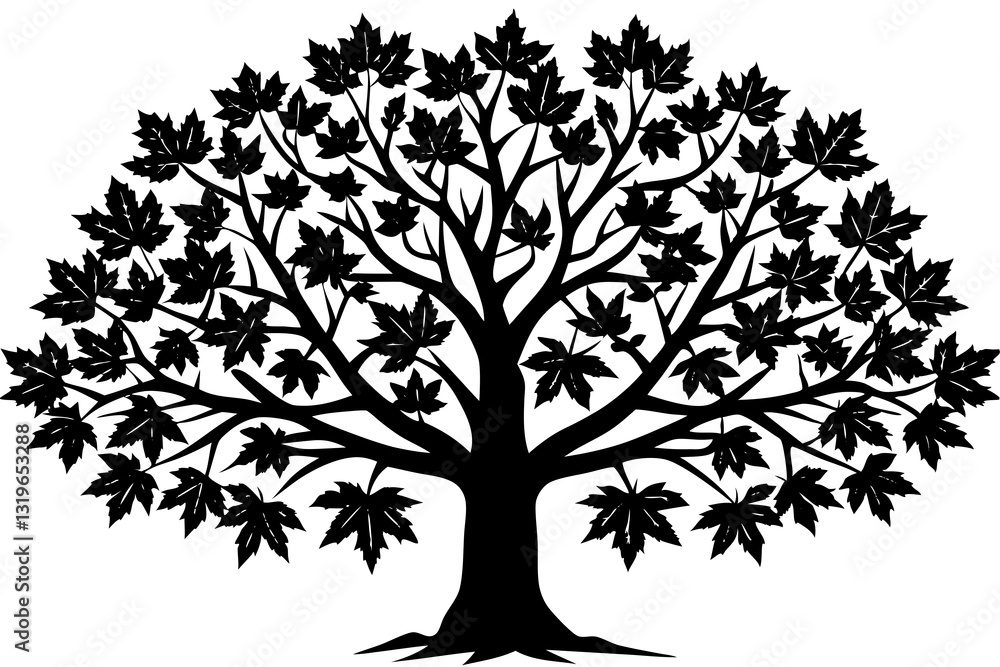 Obraz premium Silhouette of a Majestic Tree: A striking silhouette of a large tree, its dense canopy of leaves elegantly spread, creating a stunning display of nature's architecture.