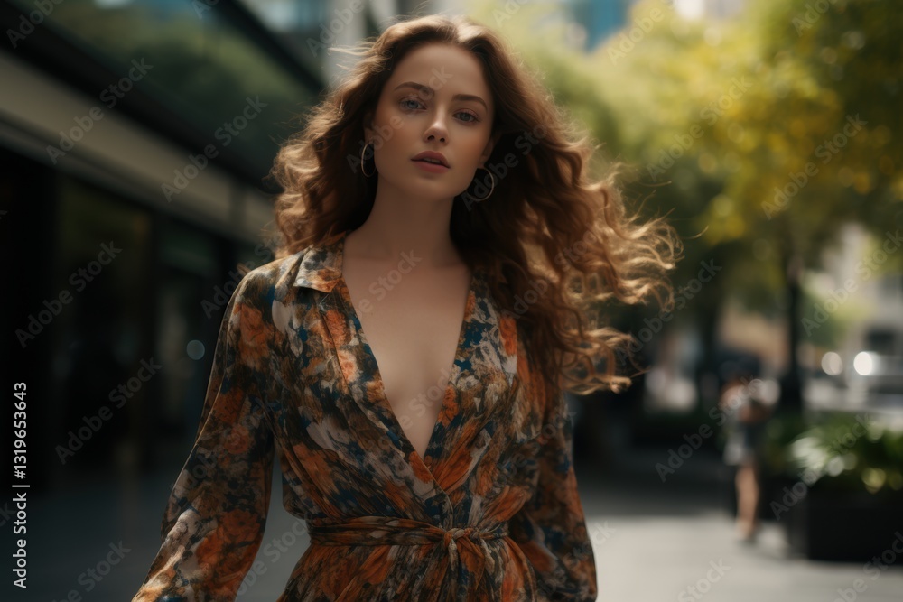 A woman wearing a floral dress is walking down a street A woman wearing a floral dress is walking down a street