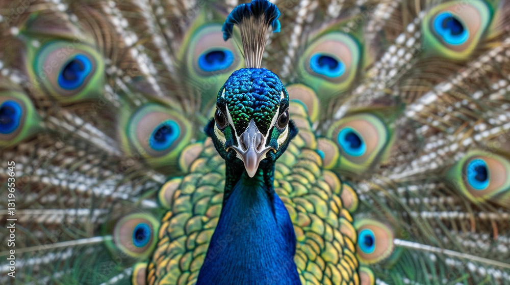 Obraz premium A vibrant peacock displaying its full iridescent plumage in the sunlight.