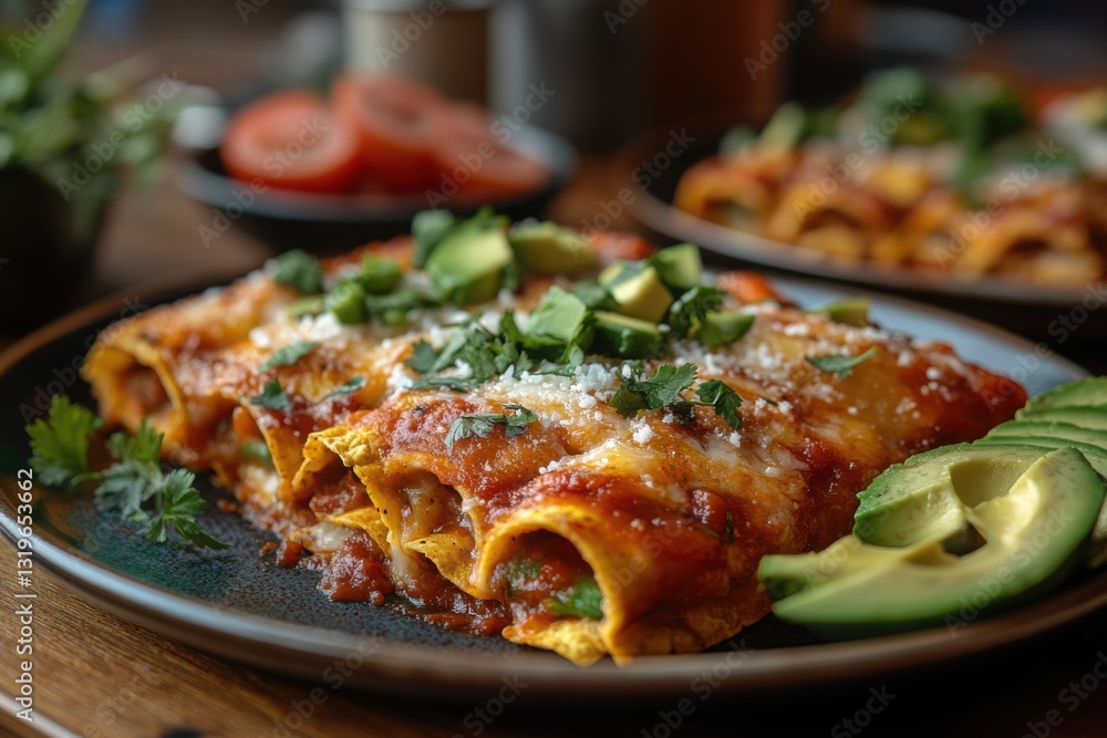 Delicious enchiladas with tomato sauce cheese avocado and cilantro on a rustic plate A classic dish with vibrant colors and textures Delicious enchiladas with tomato sauce cheese avocado and cilantro on a rustic plate A classic dish with vibrant colors and textures