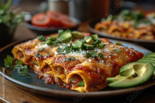 Wallpaper Mural Delicious enchiladas with tomato sauce cheese avocado and cilantro on a rustic plate A classic dish with vibrant colors and textures Torontodigital.ca
