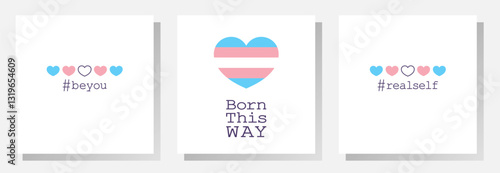 Minimalist transgender pride LGBT cards with hearts, hashtags, and motivational text on white background.