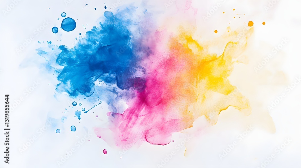 Abstract watercolor splash featuring vibrant blue, pink, and yellow blending on a white background. Abstract watercolor splash featuring vibrant blue, pink, and yellow blending on a white background.