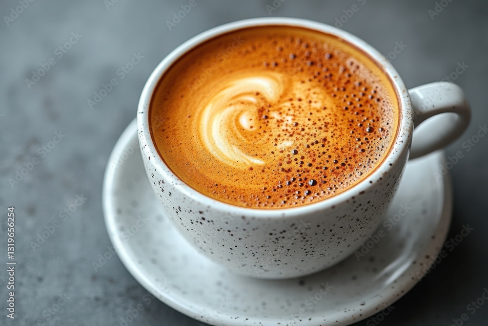 Latte Art: A swirling design graces a creamy latte in a speckled mug Simple pleasures perfectly brewed Latte Art: A swirling design graces a creamy latte in a speckled mug Simple pleasures perfectly brewed