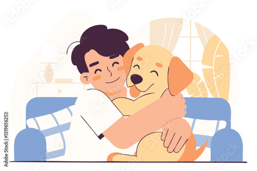 Cute boy hugging his dog pet, vector illustration, loving pet owner, dog lover