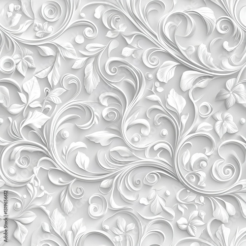 3D render of a seamless pattern with white plasticine, featuring floral leaves and swirls, vector illustration on a light grey background, seamless wallpaper design.