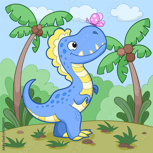 Funny blue dinosaur and pink butterfly on the landscape background. Flat design. For children's design of prints, posters, postcards, stickers, puzzles, etc. Vector illustration