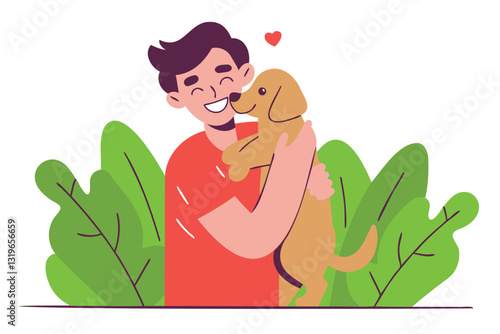 Cute boy hugging his dog pet, vector illustration, loving pet owner, dog lover