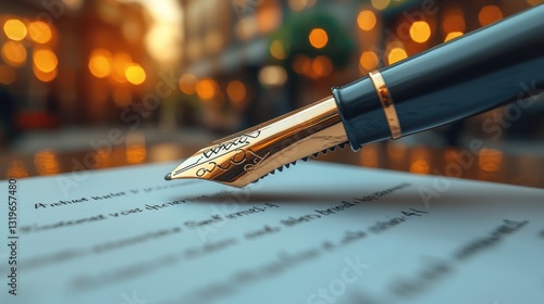 Elegant fountain pen poised to sign document with blurred background