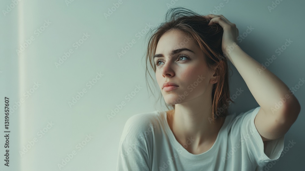Contemplative Young Woman in Casual Attire Gazing Out the Window Contemplative Young Woman in Casual Attire Gazing Out the Window