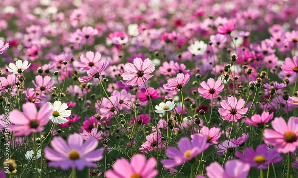 Pink And White Cosmos Flowers Blooming In A Field Under Sunlight Pink And White Cosmos Flowers Blooming In A Field Under Sunlight