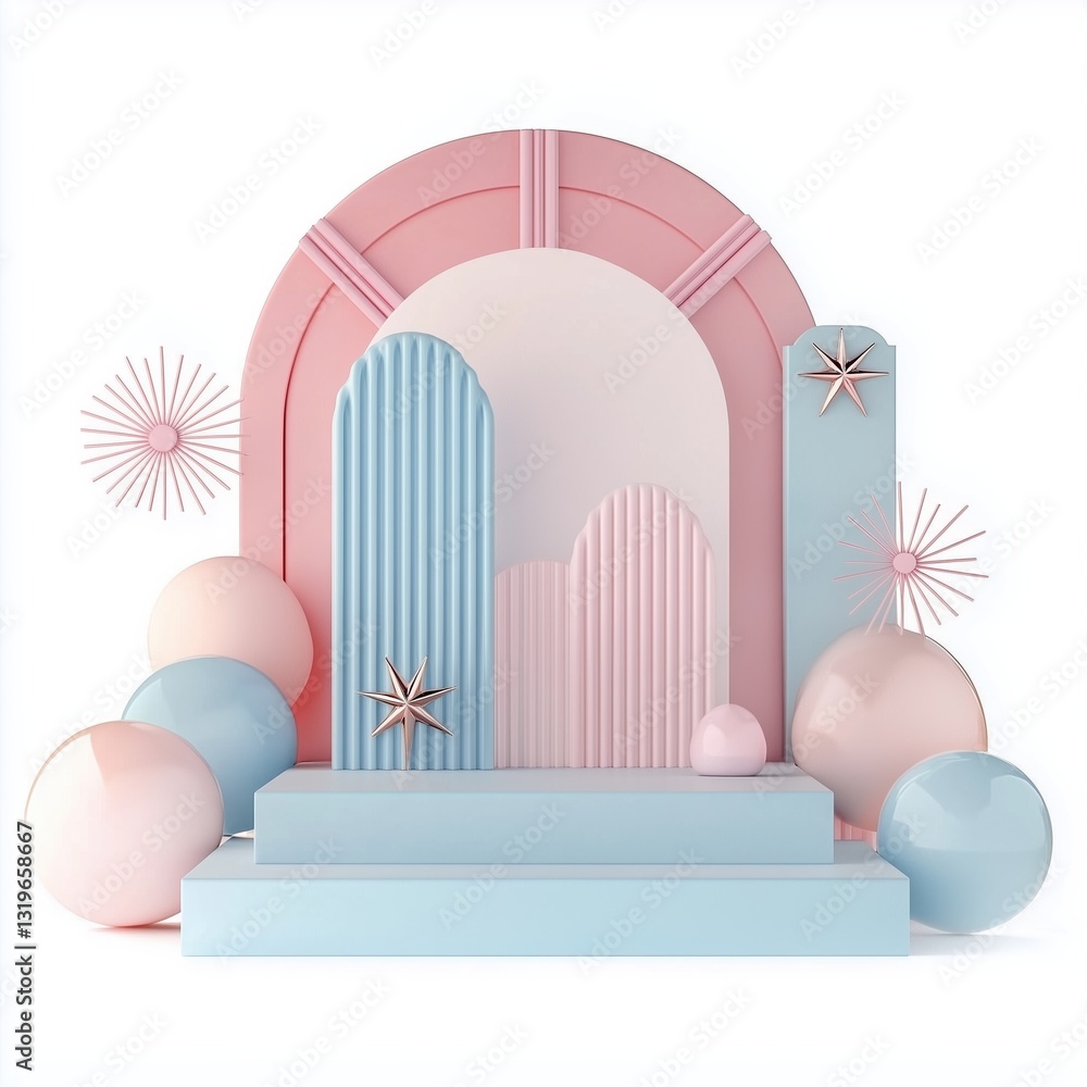 Fototapeta premium Pastel colored geometric podium with decorative elements for creative displays