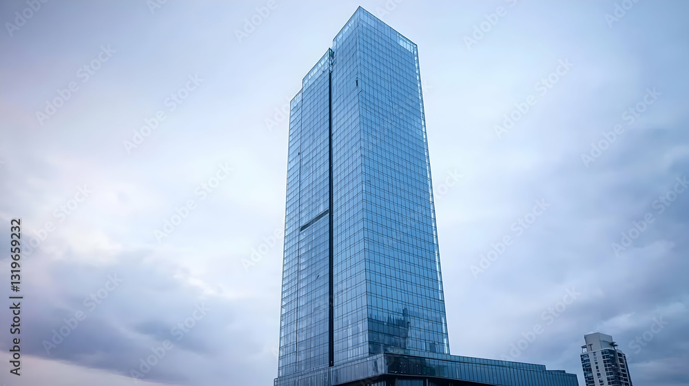 Obraz premium Modern Glass And Steel Skyscraper Against A Cloudy Dusk Sky With Geometric Facade