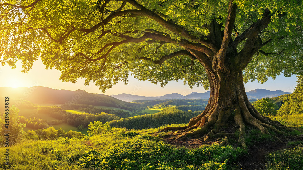 Fototapeta premium old tree in the forest serene natural landscape, centered around a massive, ancient tree that overlooks a lush, green valley.