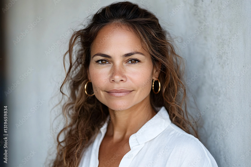 A confident mature woman wearing a white shirt and golden hoop earrings, perfect for highlighting beauty, fashion, or lifestyle events in a soft, calming atmosphere. A confident mature woman wearing a white shirt and golden hoop earrings, perfect for highlighting beauty, fashion, or lifestyle events in a soft, calming atmosphere.