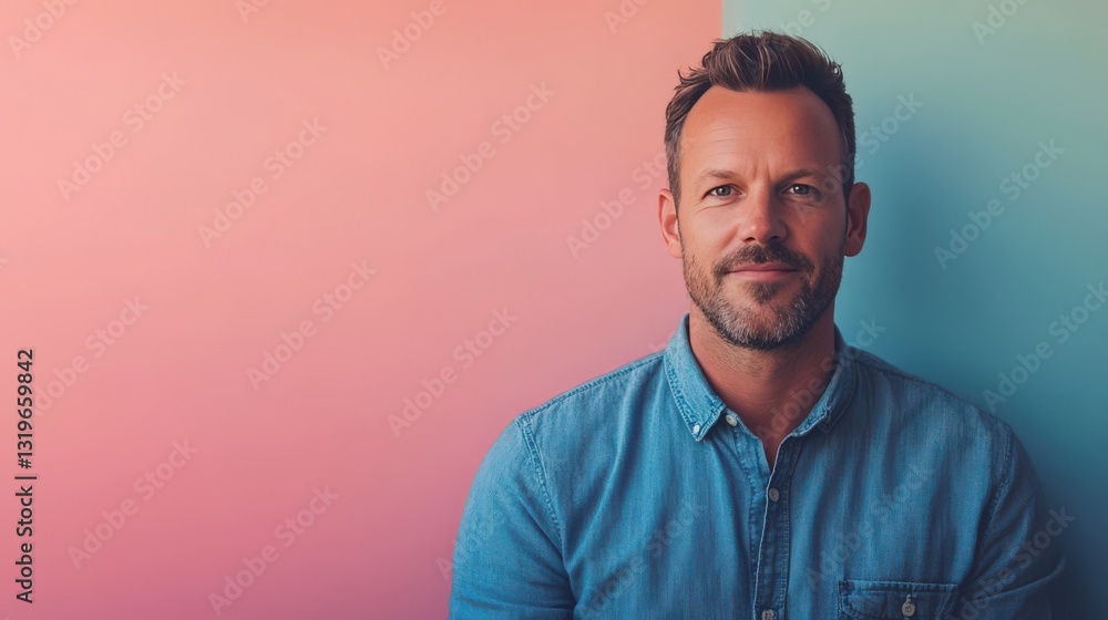 Obraz premium Confident Man in Casual Denim Shirt Against a Colorful Background