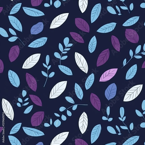 Simple, flat illustration pattern of leaves and petals in dark blue, purple, and white on a navy background.