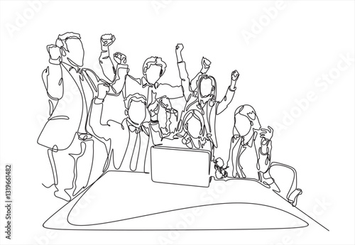 Continuous one line drawing of business people raising hands for celebration in front of laptop, team celebrating after finishing work or project concept, single line art.
