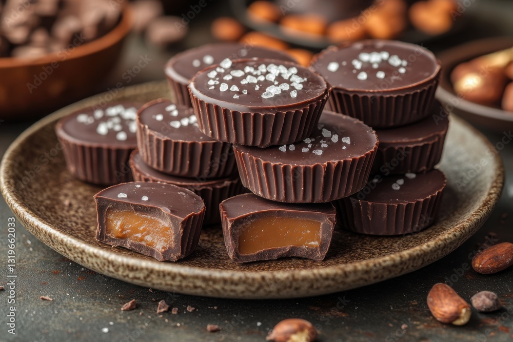 Delicious chocolate cups filled with gooey caramel and sprinkled with sea salt a sweet and salty treat Delicious chocolate cups filled with gooey caramel and sprinkled with sea salt a sweet and salty treat