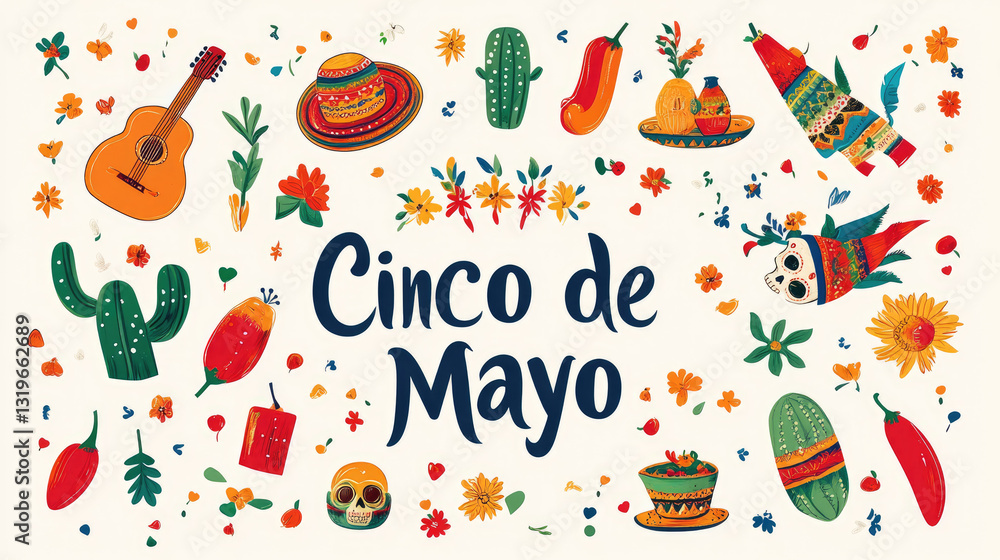 Fototapeta premium Cinco de Mayo celebration in Mexico with traditional symbols on a white background. Template with pinata, food, sombrero, tequila, cactus, flag, guitar, flowers, skull, and red pepper. Invitation