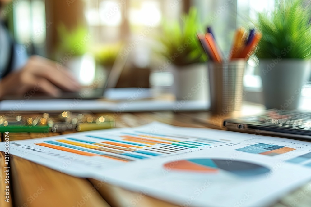 Business professional analyzes reports and data at their office workspace Business professional analyzes reports and data at their office workspace