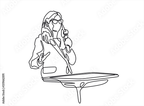 Business conference, business meeting. Woman at rostrum in front of audience. Public speaker giving a talk at conference hall- continuous line drawing 
