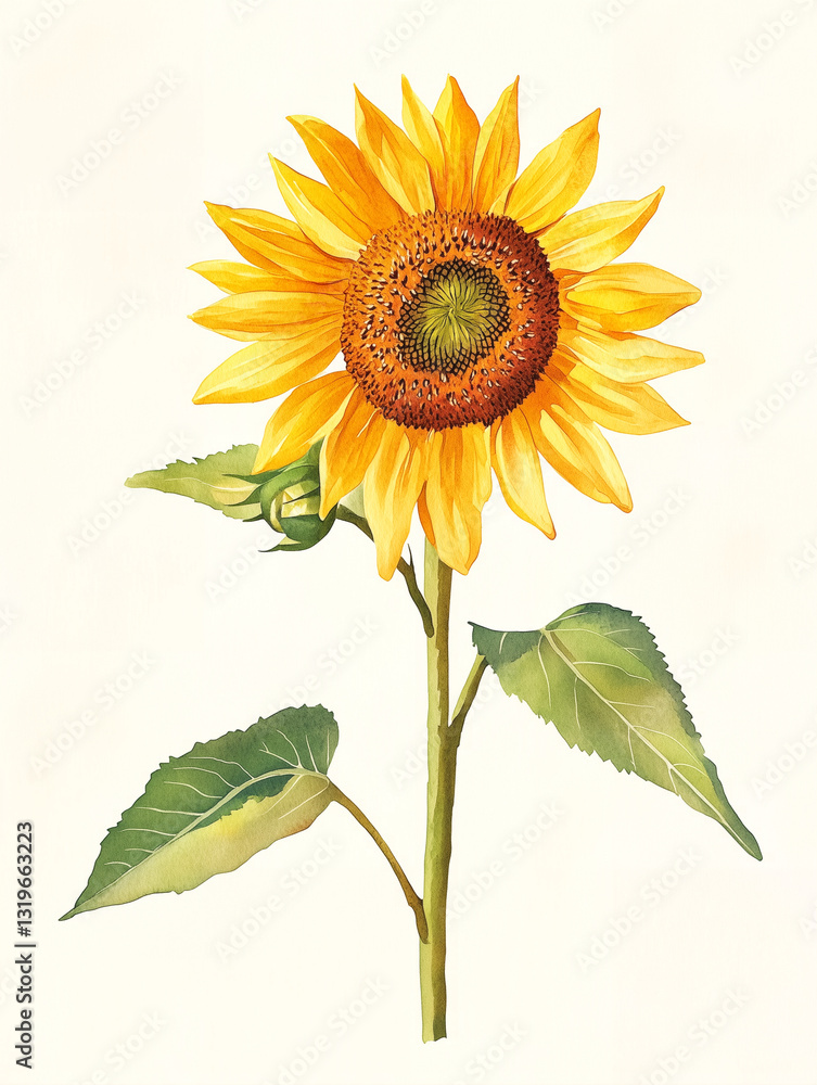 Obraz premium Watercolor painting of a sunflower with green leaves on a white background