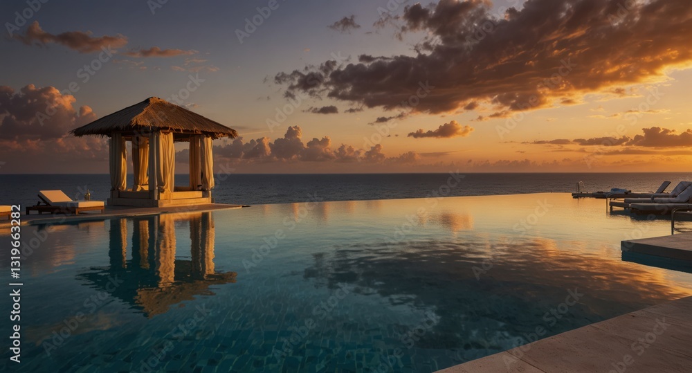 Oceanfront infinity pool at sunset with lounge chairs and a thatched-roof gazebo reflected in the water. Oceanfront infinity pool at sunset with lounge chairs and a thatched-roof gazebo reflected in the water.