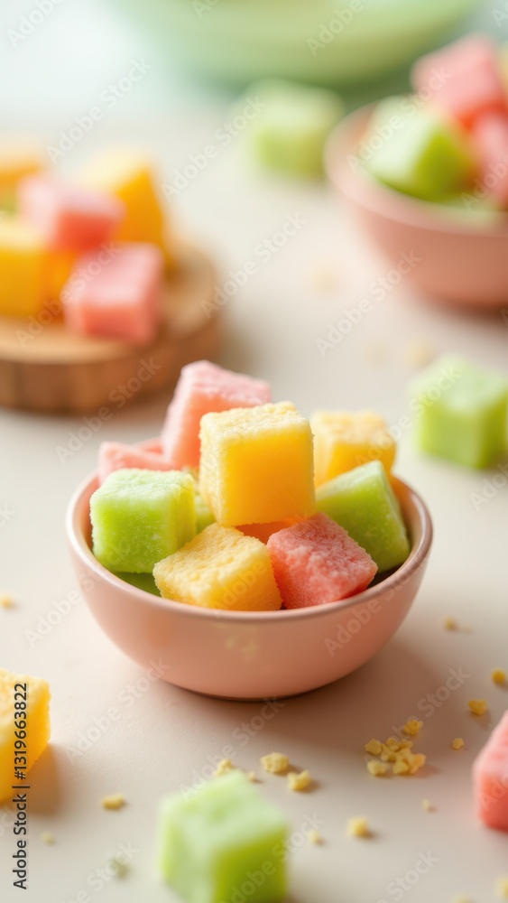 Colorful dye-free candies in bowls on a gray surface. Colorful dye-free candies in bowls on a gray surface.