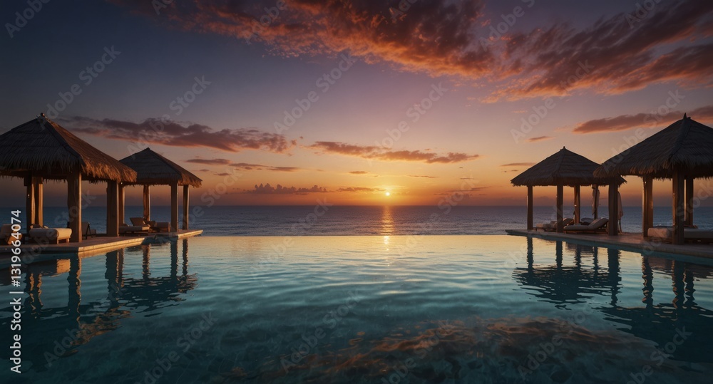 Sunset view reflecting in infinity pool with gazebo structures at poolside offers relaxation and tranquility. Sunset view reflecting in infinity pool with gazebo structures at poolside offers relaxation and tranquility.