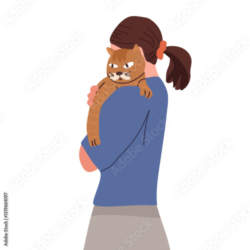 A woman hugging a cat. Girl character of person holding cat on white background. Vector hand drawn illustration isolated on white.