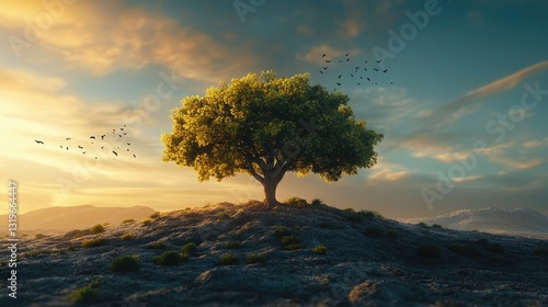 Solitary Tree at Sunset, A Serene Landscape