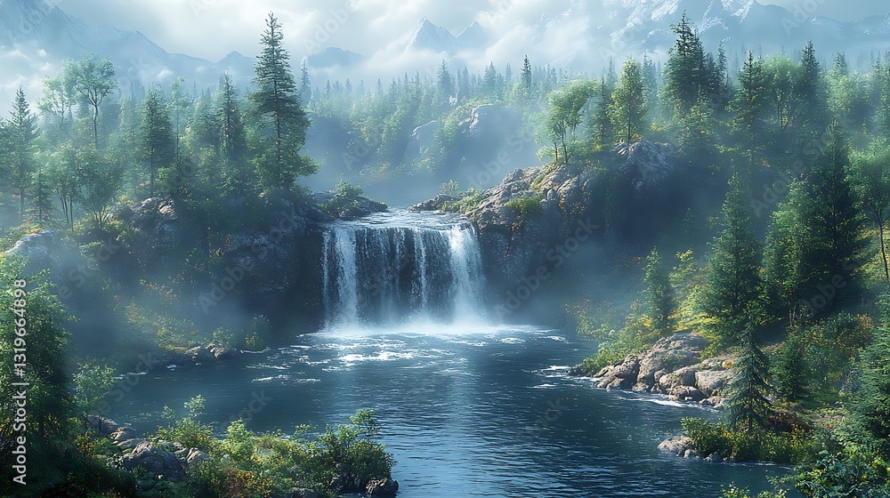 Fototapeta premium Majestic waterfall flowing through lush green forest high resolution picture