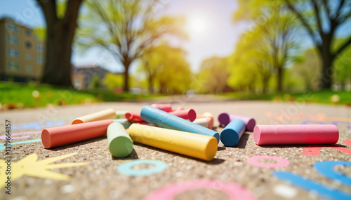 Wallpaper Mural Colorful chalks scattered on textured sidewalk in sunny park, creativity Torontodigital.ca